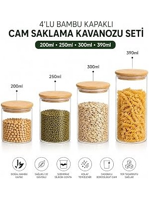Nacario Bambu Kapaklı Cam Saklama Kavanozu Seti, 4'lü, 200ML, 250ML, 300ML, 390ML, Borosilikat Cam, Sızdırm