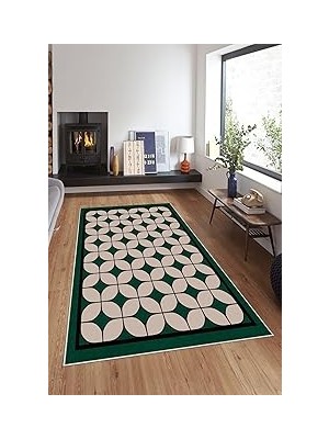 Nacario Pelangi Yeşil Osmanlı Motifli Yıkanabilir Kaymaz Taban Tutmaz Salon Halısı Yolluk, Y
