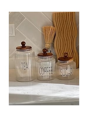 Nacario 3'lü Üçlü Lüks Çizgi Cam Desenli Top Kulplu Akasya Vakum Kapaklı Baharat Takım