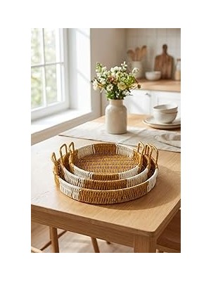 Nacario Iç Içe Geçebilen 3'lü Yuvarlak Plastik Rattan Tepsi Seti, Hasır Görünümlü, Bej, 28X31.5X35 C