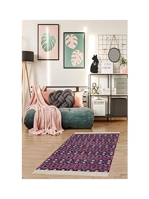 Nacario Pelangi Kilim Desenli Etnik Dijital Baskı Yıkanabilir Kaymaz Taban Salon Halı Yolluk, Mor