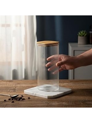 Nacario Deconox 10X25 cm Bambu Kapaklı Kare Cam Saklama Kavanozu - Vakumlu Dev Boy Şeffaf Erzak Kabı Spaget