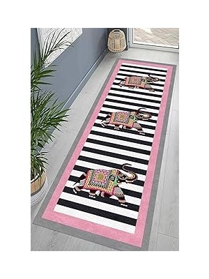 Nacario Pelangi Fil Desenli Etnik Dijital Baskı Yıkanabilir Salon Filli Halı Yolluk (Pembe), Pemb