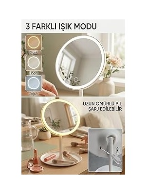 Nacario Ledli Yuvarlak Ayna Işıklı Mini Makyaj Aynası 3 Farklı Işık Modu cm Beyaz