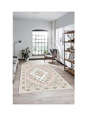 Nacario Klasik Desenli Dijital Kaymaz Taban Yıkanabilir Yolluk Mutfak Salon Halısı Klasi̇k-23, Pembe, 80 x 3