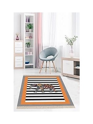 Nacario Pelangi Fil Desenli Etnik Dijital Baskı Yıkanabilir Salon Filli Halı Yolluk, Turuncu 100