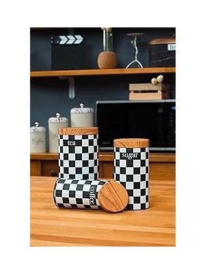 Nacario Ucr 3'lü Set Metal Çay Kahve Saklama Kavanozu - Dama Desenli