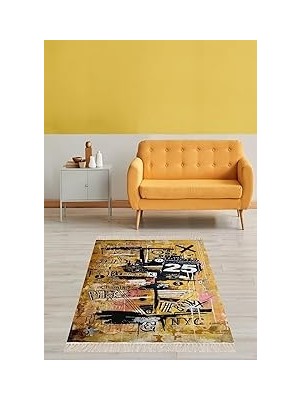 Nacario Pelangi Sokak Temalı Dijital Baskı Yıkanabilir Kaymaz Taban Salon Halı Yolluk, Sarı 180 x