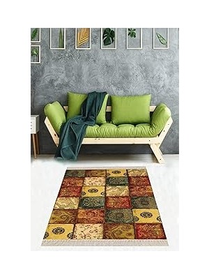 Nacario Pelangi Kırkyama Desenli Etnik Dijital Baskı Yıkanabilir Kaymaz Taban Salon Halı, Bej 160 x 300