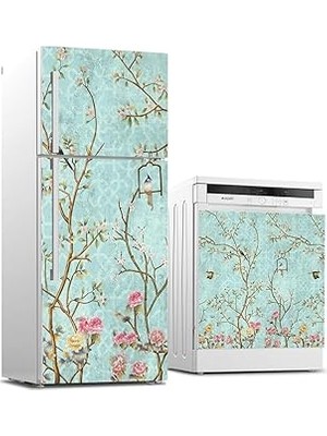 Nacario Buzdolabı Bulaşık Makinası Beyaz Eşya Sticker Kaplama Küçük Çiçekler Ağaç