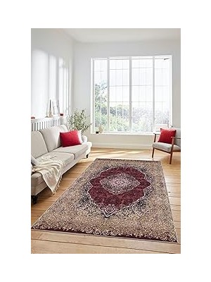 Nacario Dijital Kaymaz Taban Yıkanabilir Göbekli Klasik Desen Yolluk Salon Halısı Klasi̇k-07, Bordo, 100 x 2