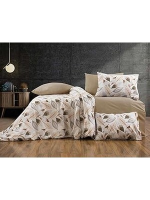 Nacario Lüks%80 Pamuklu Çift Kişilik Nevresim Takımı Seti Yorgan Kılıfı Krem Yaprak Desen 200X220 cm + Last