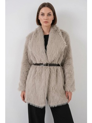 Kadın Geniş Yaka Kemerli Kürklü Oversize Taş Kaban