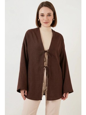 Kadın Kuşaklı Viskon Kahverengi Tesettür Kimono