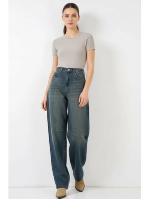 Kadın Yüksek Bel Baggy Pamuklu Indigo Kot Pantolon