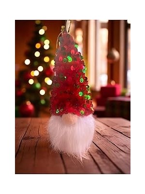 Nacario Yenigeldi Gnome Şans Cücesi (15 Cm) – Kırmızı Yeşil Payetli Şapkalı Yılbaşı Süsü Dekorasyonu, Kırmı