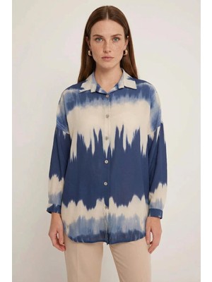 Kadın Oversize Desenli Lacivert Gömlek