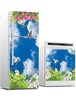 Nacario Buzdolabı Bulaşık Makinası Beyaz Eşya Sticker Kaplama Çiçek Gökyüzü