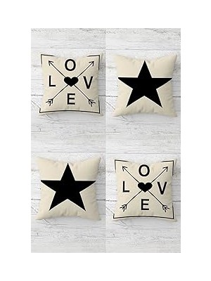 Nacario Pelangi Yıldız Love Yazılı Kombin Gizli Fermuarlı Kırlent Kılıfı Koltuk Yastık Kılıfı TAKIM(4ADE