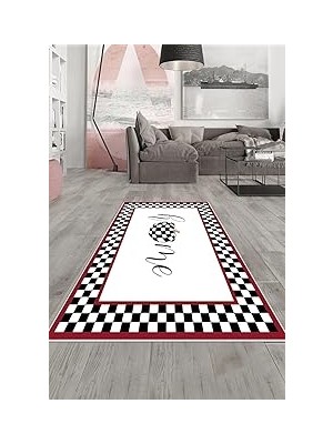 Nacario Pelangi Bordo Dama Desenli Yıkanabilir Kaymaz Taban Tutmaz Salon Halısı Yolluk, Bord
