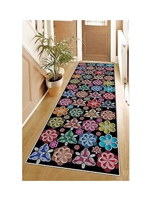 Nacario Pelangi Çiçek Desenli Dijital Baskı Yıkanabilir Salon Halı Yolluk, Siyah 100 x 150, 95551