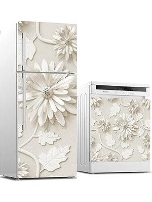 Nacario Buzdolabı Bulaşık Makinası Beyaz Eşya Sticker Kaplama 3D Beyaz Yaprak