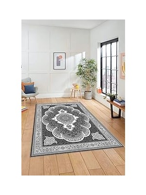 Nacario Dijital Kaymaz Taban Yıkanabilir Çerçeveli Göbekli Klasik Desen Salon Halısı Klasi̇k-02, Gri, 160 x