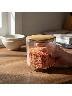 Nacario Deconox Bambu Kapaklı Kare Cam Saklama Kavanozu (10X10 Cm) - Vakum Kapaklı Şeffaf Erzak Kabı Mut