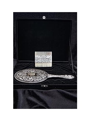 Nacario Turan DESIGN.925 Ayar Gümüş Ayna Tarak Seti, Hediyelik El Yapımı Fatma'nın Eli Motifli Çiçek Des