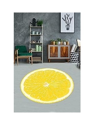 Nacario Pelangi Sarı Limon Desenli Limonlu Desen Dijital Baskı Yıkanabilir Kaymaz Taban Yuvarlak Salon Halı