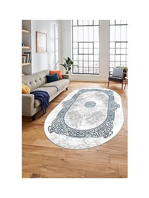 Nacario Sade Klasik Desen Dijital Kaymaz Taban Yıkanabilir Oval Yolluk Salon Halısı O-Klasi̇k-20, Mavi, 120