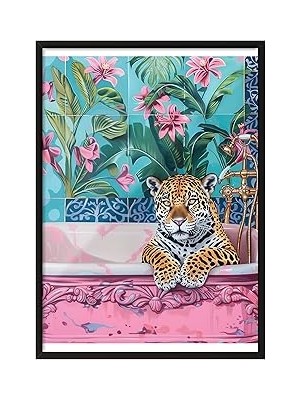 Nacario Zestia Siyah Çerçeveli Tablo, Leopar, Çiçekli Duvar Kağıdı, Dijital Sanat Poster No: 106548 30 x 40