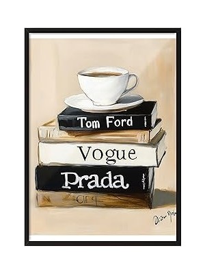 Nacario Zestia Siyah Çerçeveli Tablo, Kahve Kitaplar, Vogue & Detaylı, Akrilik Boya Poster No: 106