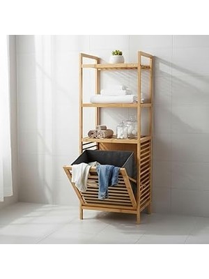 Nacario Deconox Doğal Bambu 3 Katlı Banyo Rafı Çamaşır Sepeti Havluluklu Ahşap Düzenleyici (40X30X119 cm