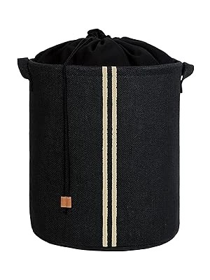 Nacario Textile Ağzı Büzgülü Çizgili Siyah Renk Jüt Çamaşır Sepeti 36 x 40 cm