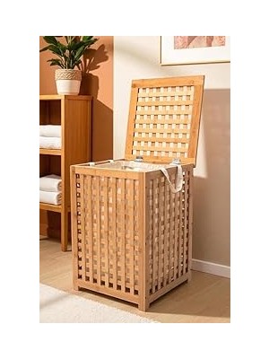 Nacario Digithome Bambu Çamaşır Sepeti 58X40 cm Kulplu Taşınabilir Bezli DB-0042