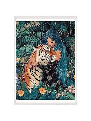 Nacario Zestia Beyaz Çerçeveli Tablo, Kaplan Kadın, Tropikal Orman, Fantastik Stil Poster No: 107320 50