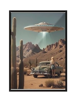 Nacario Zestia Siyah Çerçeveli Tablo, Onlar Geliyor – Kollarını Açmış Kadın Ufo Filosuyla Teması Poster