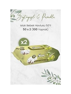 Nacario Sleepy Doğal Zeytinyağlı Pamuklu Islak Bebek Havlusu 50 x 2 Adet (100 Yaprak)