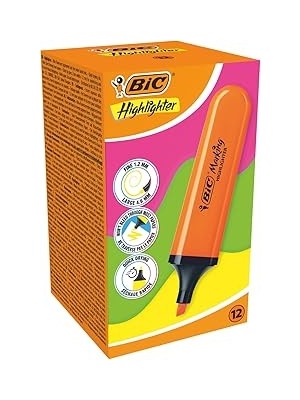 Nacario Bic Marking Flat Higlighter Fosforlu Kalem 12'li Kutu, Turuncu Fosforlu Kalem, Su Bazlı, Hızlı Kuru