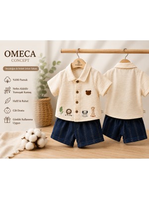 Omeca Concept Erkek Bebek Nakış Detaylı Gömlek Şort Takımı - Ekru Lacivert