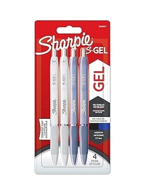 Nacario Sharpie S-Gel Jel Kalem 0.7 mm Uç, Buz Mavisi & Beyaz Inci 4'lü Paket, Siyah & Mürekkep