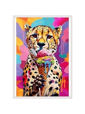 Nacario Zestia Beyaz Çerçeveli Tablo, Leopar, Dondurma Renkli Arka Plan, Pop Tarzı Poster No: 106556