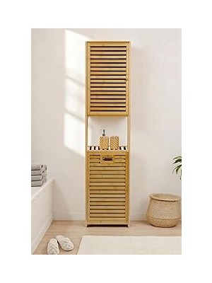 Nacario Digithome Bambu Kirli Sepetli 1 Raflı Kapaklı Banyo Dolabı Banyo Düzenleyici Çamaşır Sepeti Organiz