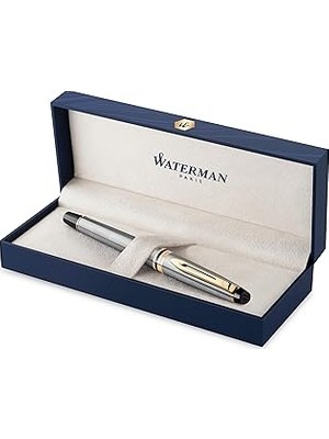 Nacario Waterman Expert Paslanmaz Çelik Altın Tasarımlı Dolma Kalem, Orta Kalınlıkta Uç, Mürekkep