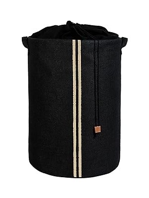Nacario Textile Ağzı Büzgülü Çizgili Siyah Renk Jüt Çamaşır Sepeti 40 x 55 cm