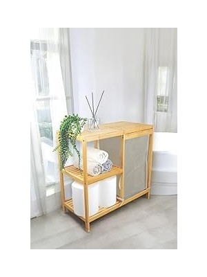 Nacario Digithome Bambu 3 Raflı Kumaş Sepetli Banyo Düzenleyici Kirli Çamaşır Sepeti DB-0046