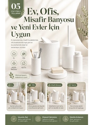 Renas Store Çizgili Desenli Beyaz 5 Parça Banyo Seti Sıvı Sabunluk Sabunluk ve Diş Fırçalık