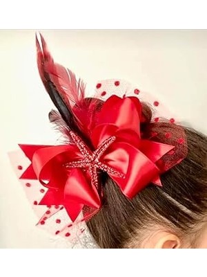 Nacario El Yapımı Kırmızı Saten Kurdele Deniz Yıldızı Tüylü Kız Çocuk Saç Tokası 17 cm x 12 cm
