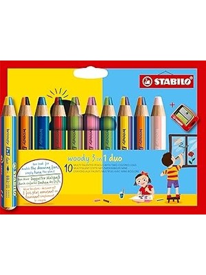 Nacario Stabilo Woody 3'ü 1 Arada Duo - Duo Boyama Kalemi, Suluboya Mum Boya - Iki Tonlu Kurşun - Kalemt